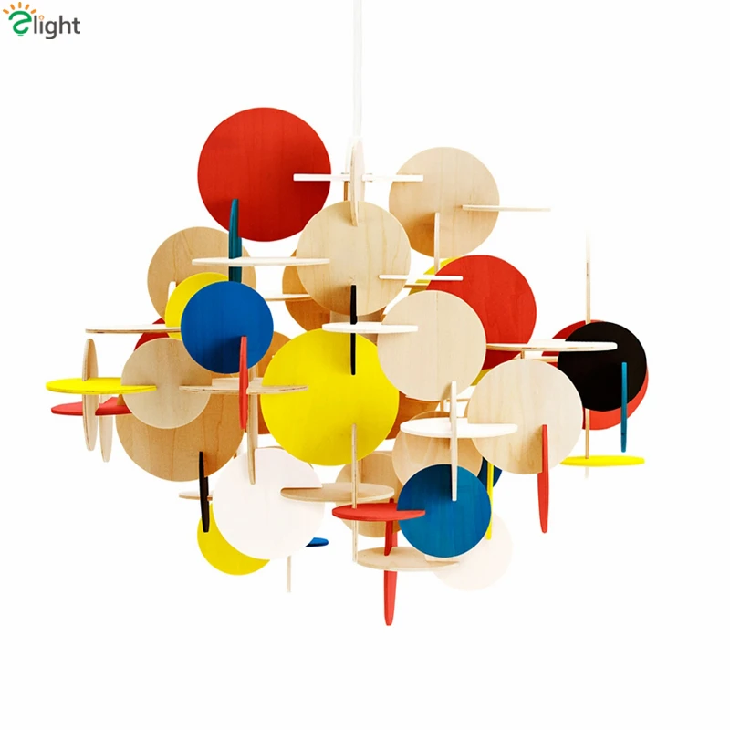Nordic Normann Lau Wood E27 Led Pendant Light Children Room Cartoon Hand Sticthing Colorful and Wood Suspension Lamp