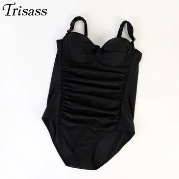 Plus Size One Piece Bathing Suits Halter Pleated Swimsuit 2016 Padded Push Up Crossover Front Black Swimwear 6XL