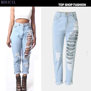 ROSICIL Summer New Jeans Women Ankle-Length Straight High Waist Jeans Lady Ripped Loose Fashion Trousers Plus Size T-SL022#