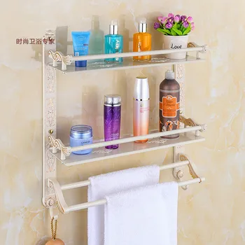 Luxury Bathroom Shelf Antique Brass Bathroom Shelf Dual Tier Storage Holder Towel Bars Carving Design 7616