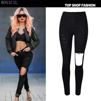 ROSICIL Casual Women High Waist Skinny Denim Jeans Slim Ripped Pencil Jeans Hole Pants Female Sexy Girls Trousers TOP007-B