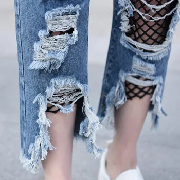 3222 2017 Summer ripped jeans for women Loose Big hole jeans with mesh Ankle-length Female jeans Fashion Brand womens jeans