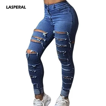 LASPERAL New 2017 Women Skinny Pencil Pants High Waist Holes Ripped Jeans Cool Denim Vintage Trousers For Girs Female Plus Size