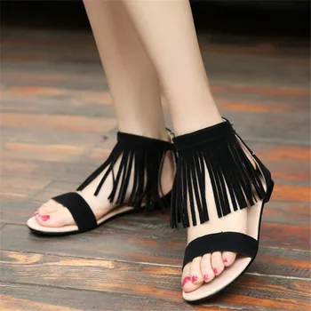 2016 summer Women shoes Round Toe Zip Solid color flat heel Nubuck leather Tassel Open-toed Flats big size 34-48 T958