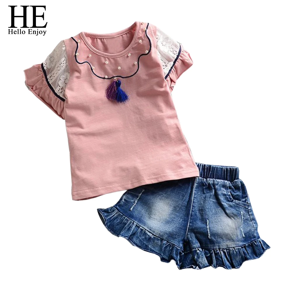 HE Hello Enjoy girls clothes summer Fashion New 2017 girls clothing sets Short-sleeved T-shirt + jeans toddler girl clothing