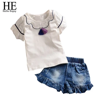 HE Hello Enjoy girls clothes summer Fashion New 2017 girls clothing sets Short-sleeved T-shirt + jeans toddler girl clothing