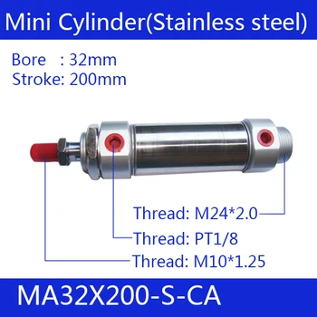 MA32X200-S-CA, Pneumatic Stainless Air Cylinder 32MM Bore 200MM Stroke, 32*200 Double Action Mini Round Cylinders
