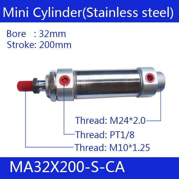 MA32X200-S-CA, Pneumatic Stainless Air Cylinder 32MM Bore 200MM Stroke, 32*200 Double Action Mini Round Cylinders