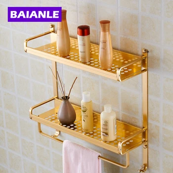 Gold Modern Wall Mount 2 layers Bathroom Towel Holder Aluminium Bathroom Accessories Shower Shelf towel rack