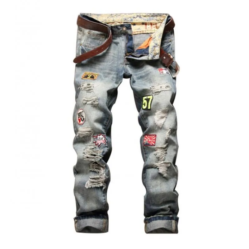 New Fashion Mens Hole Ripped Long Jeans For Man Zipper Fly Casual Straight Jeans Washed Long Pants For Male Size 28-38