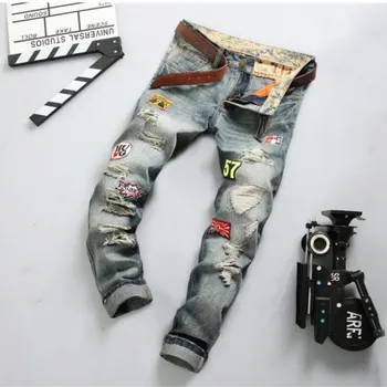 New Fashion Mens Hole Ripped Long Jeans For Man Zipper Fly Casual Straight Jeans Washed Long Pants For Male Size 28-38