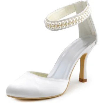 AJ3065 Ivory Women Shoes Prom Party Pumps Closed Toe Pearls Ankle Strap Satin Wedding Bridal Shoes