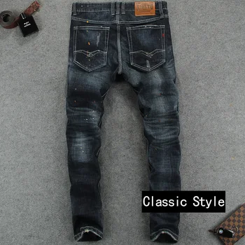Fashion High Street Men Jeans Top Quality Slim Fit Color Paint Denim Stripe Jeans Dark Color Casual Leisure Pants Skinny Jeans