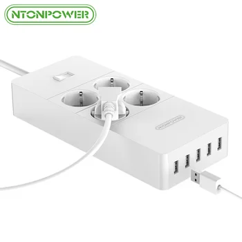 NTONPOWER HPC USB German Electrical Socket EU Plug Overload Switch Surge Protection 4 AC Outlets 5 USB Port 2.4A Smart Charging