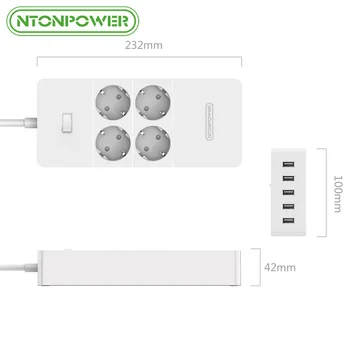 NTONPOWER HPC USB German Electrical Socket EU Plug Overload Switch Surge Protection 4 AC Outlets 5 USB Port 2.4A Smart Charging