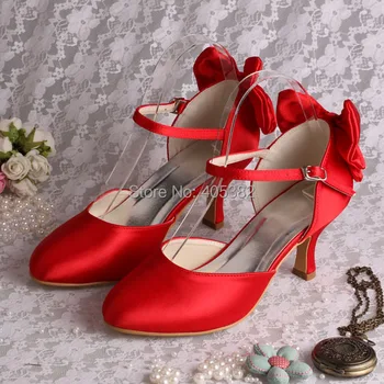 Wedopus Mary Janes Red Satin Wedding Dance Shoes with Back Bowtie