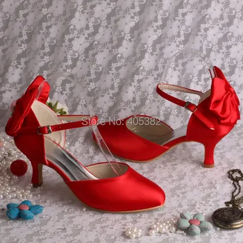 Wedopus Mary Janes Red Satin Wedding Dance Shoes with Back Bowtie