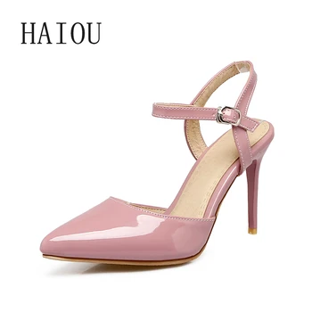 2017 Female High Heel Sandals Women Bowtie Ankle Strap Shoes Simple Patent Leather High Heels Sandal Point Toe Party Footwears