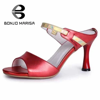 BONJOMARISA Genuine Leather Women Sandals Belt Strap High Heels Open Toe Platform Summer Shoes For Woman 2017 Party Wedding