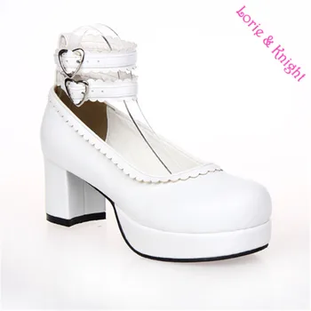 Lolita Double Ankle Straps Sweet Lace Trim Chunky Heel Platform Pumps Maid Cosplay White Leather Shoes