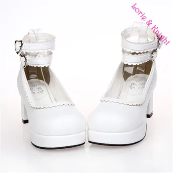 Lolita Double Ankle Straps Sweet Lace Trim Chunky Heel Platform Pumps Maid Cosplay White Leather Shoes
