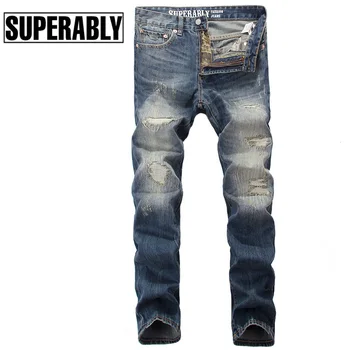 European American Street Men Jeans Destroyed Ripped Jeans Men Brand Stripe Jeans Denim Pants Biker Jeans Size 28-40