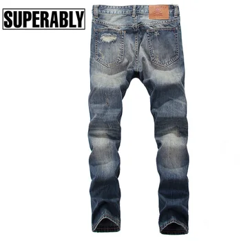 European American Street Men Jeans Destroyed Ripped Jeans Men Brand Stripe Jeans Denim Pants Biker Jeans Size 28-40