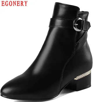 EGONERY Casual Low Square Heels Belt Zipper Ankle Lady Shoes for Woman Soft PU Leather Round Toe Motorcycle Boots