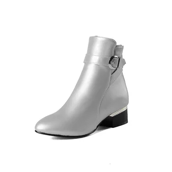 EGONERY Casual Low Square Heels Belt Zipper Ankle Lady Shoes for Woman Soft PU Leather Round Toe Motorcycle Boots