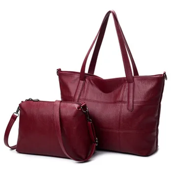 Brand Pu Leather Bags Women Casual Tote 3 Colors Shoulder Bags Solid Soft Zipper Composite Bag SET