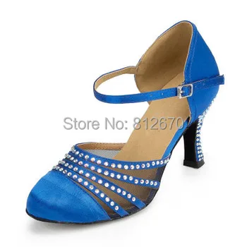 Quality brown blue square heel ballroom dance close toe rhinestone dance shoes salsa woman dancing ballroom shoes 6395