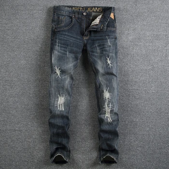 Nostalgia Retro Fashion Men Jeans Brand Stripe Jeans Men Slim Casual Leisure Pants Dark Color Skinny Ripped Jeans