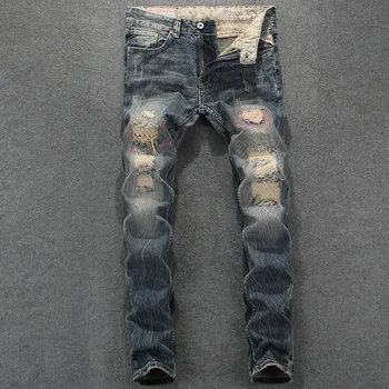 European American High Street Fashion Men Jeans Skinny Jeans Men Brand Distressed Casual Pants Ripped Jeans Homme