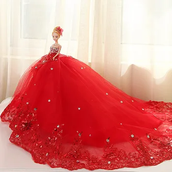 Doll + Wedding Dress / Handmade Warm Red Luxury Crystal Bride Wedding Doll Big Trailing Evening Gown For Kurhn Barbie Doll