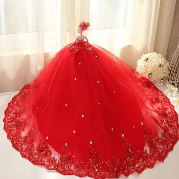 Doll + Wedding Dress / Handmade Warm Red Luxury Crystal Bride Wedding Doll Big Trailing Evening Gown For Kurhn Barbie Doll