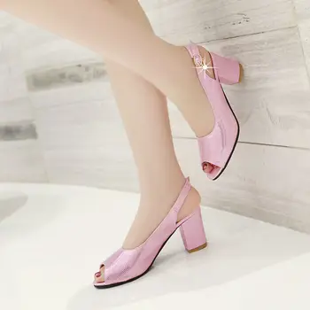 Women Sandals Slingback Thick Block High Heels Peep Open Toe Metalic Leather Buckle Strap Sexy Summer Dress Party Ladies Shoes