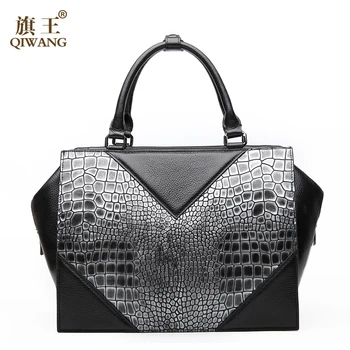 Qiwang Triangle Brand Women Handbag New Luxury Italian Crocodile Handbags Black Gray Tote Bag Trapeze Large Capacity