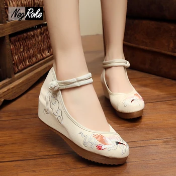 Exquisite fashion 5cm wedge heels shoes women Chinese style crane embroidery shoes blue fresh shoes women canvas leisure pumps