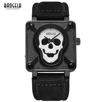 Baogela Mens Waterproof Black Brown Leather Strap Square Dial Quartz Wrist Watches with Luminous Skull BGL1701