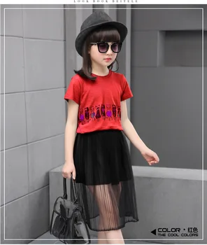 2017 summer shirt + cute mesh dress girl dress pleats dress Teenage Girls Clothing Sets cat print shirt short sleeve VV1058