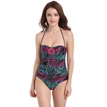2017 Large Size Floral One-Piece Swimsuit Spa Bathing Suit for Women Strappy Slim Swimwear Padded Push Up Beachwear