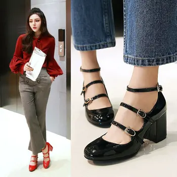 2017 Women Shoes Fashion Sexy Rome Style Round Toe Square heel Gladiator Woman Pumps Spring Autumn High heels Solid Black Red