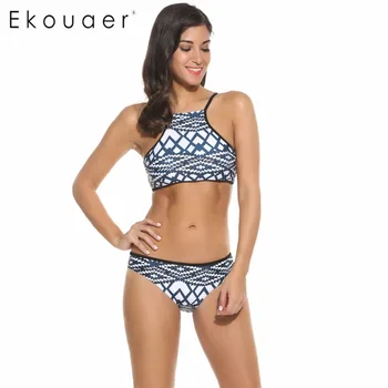 Ekouaer Hot Sexy Bikini Set Women Swimsuit Low Waisted Bathing Suits Swimwear Push Up Bikini Set Print Swimwear Brand Bikini XL