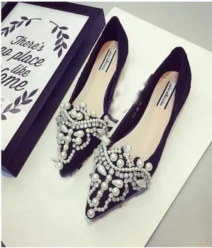 British style female black pointed toe flat shoes sweet bright diamond pearl beaded party shoes casual slip-on shoes