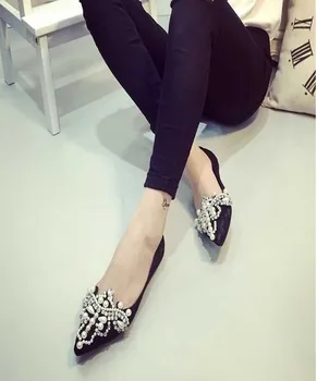 British style female black pointed toe flat shoes sweet bright diamond pearl beaded party shoes casual slip-on shoes