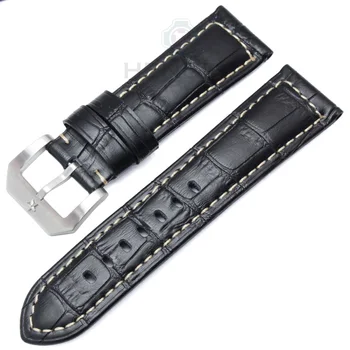 HENGRC Watchbands 24mm Brown Black Genuine Leather Women Wen Watch Strap Band Metal Pin Buckle Panerai Watch Accessories