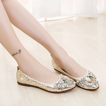 Big Size 35-43 Gold/Silver Genuine Leather Shoes Women Flats Elegant Ladies Flat Shoes Fashion Rhinestone Slip On Shoes For Wome