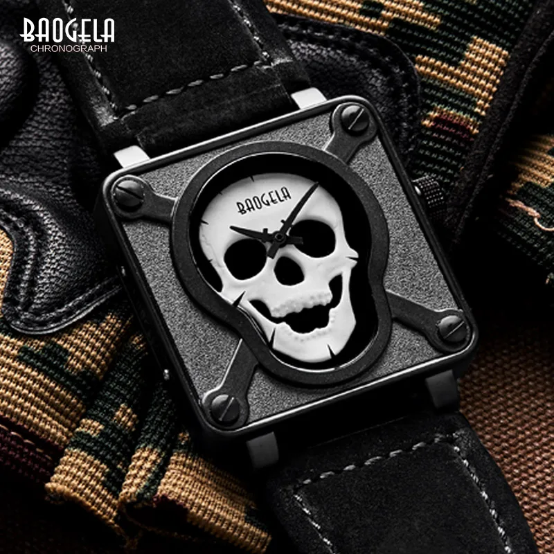 Baogela Mens Waterproof Black Brown Leather Strap Square Dial Quartz Wrist Watches with Luminous Skull BGL1701