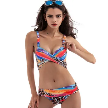 Sexy Leopard stripe colorful stripes bikinis swimwear low waist swimming suit Brazilian bikini bandage filled push high sets