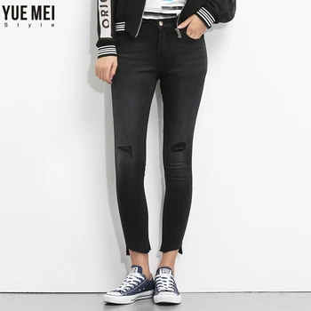 YueMei style 2017  Woman Ripped Hole Skinny Jeans Plus Size Mid Waist Cotton Denim Pencil trousers for women